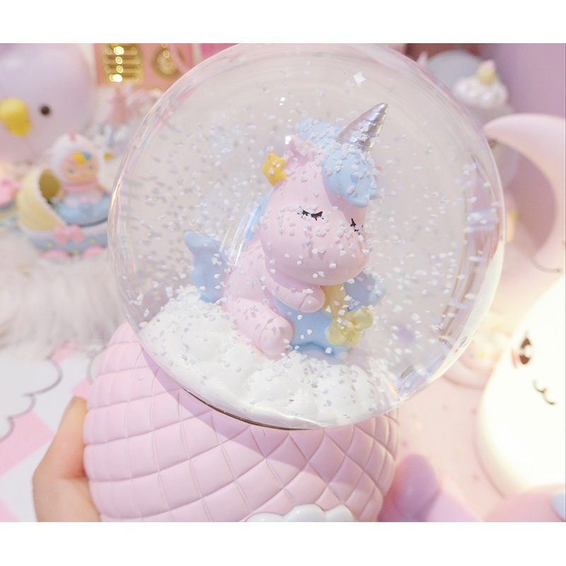 美帮汇软萌嘟嘟独角兽飘雪水晶球少女心粉色音乐盒发光桌面摆件高清大图