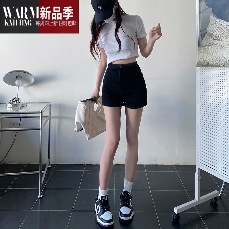 SHANCHAO高腰牛仔短裤女2023夏季新款休闲超弹热裤舒适辣妹紧身显瘦