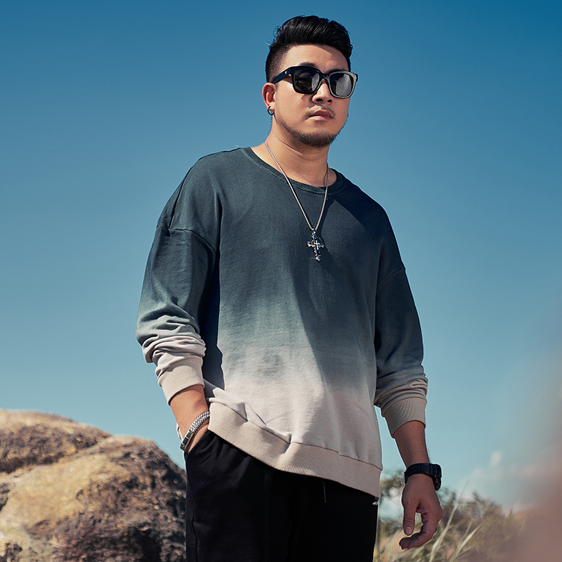 baluoshang潮胖大码渐变色男士卫衣宽松肥佬加肥加大长袖圆领胖男生