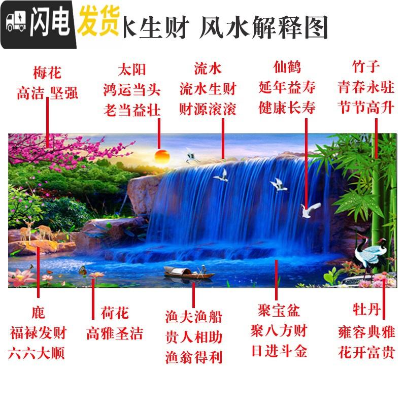 三维工匠十字绣线绣2019新款客厅流水生财大幅风景山水画满绣棉线丝线2020 丝线:190*75厘米[中格3股绣]高清大图