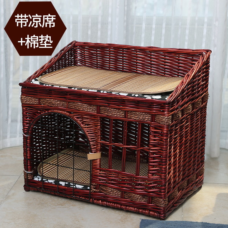 夏季猫窝四季通用藤编猫屋封闭式猫别墅猫笼网红猫咪窝猫产房狗窝 棕色+2个垫子+2个凉席 三号【54*36】12斤内