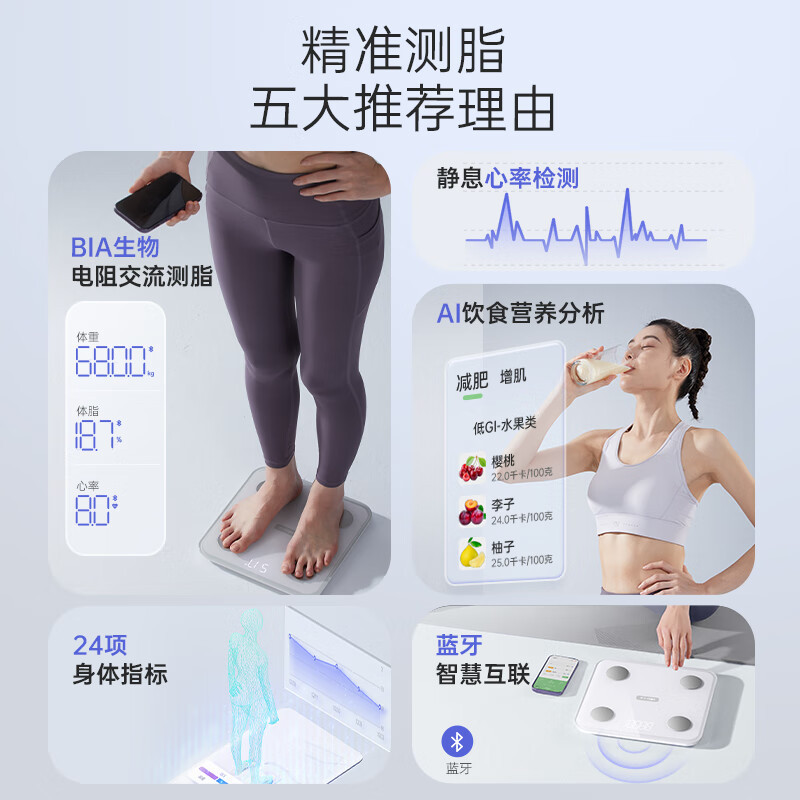小熊(Bear)智能 体脂秤 电子秤 体重秤 高精准 24项身体数据蓝牙版 塑形减脂 DZC-D18E3[白]高清大图