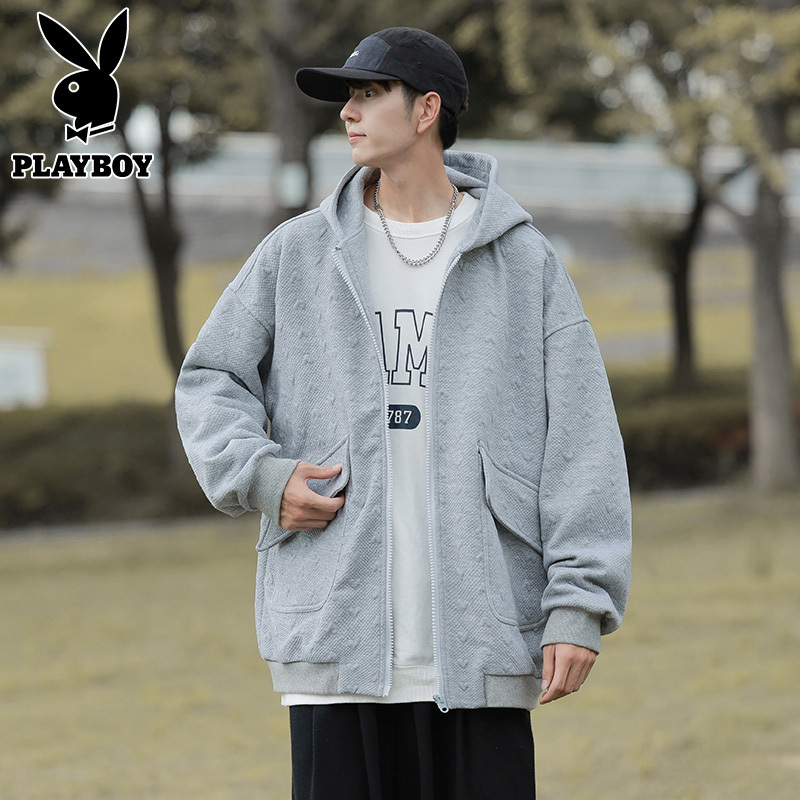 花花公子潮牌简约连帽卫衣男士开衫春秋季2023新款休闲宽松上衣服