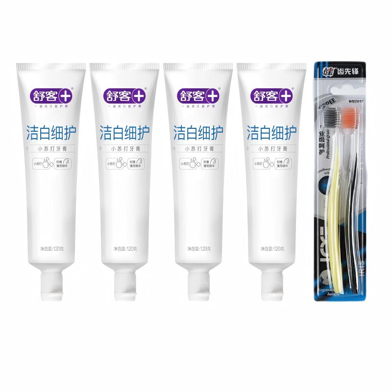 舒客(Saky) 小苏打牙膏(洁白细护)120克*4 送牙刷2支 薄荷味 美白清新口气臭烟渍牙渍牙垢高清大图