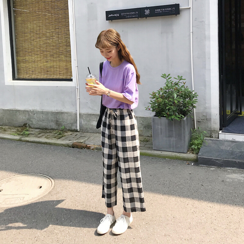 夏季韩版宽松格高腰休闲裤松紧腰九分直筒阔长裤红白格均