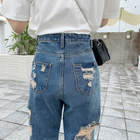 复古牛仔裤女新款韩版高腰宽松大码小脚九分裤破洞7.28