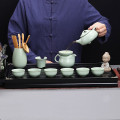 金镶玉 茶具套装 陶瓷汝窑开片 实木茶盘带全自动烧水电茶炉 石瓢礼盒装