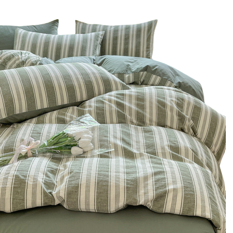 铭思沃四件套2.0*2.2米床 绿条纹 套高清大图