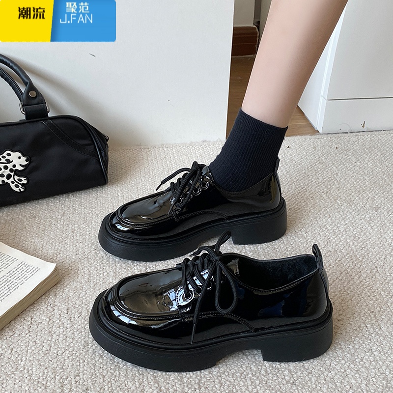 聚范配裙子小皮鞋女2024新款复古英伦风学生百搭黑色厚底增高单鞋高清大图