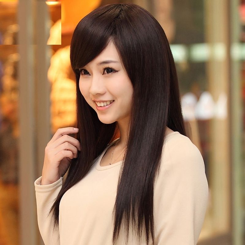 长发假发女生斜刘海齐刘海长直发中长款时尚气质逼真自然整顶头套浅棕