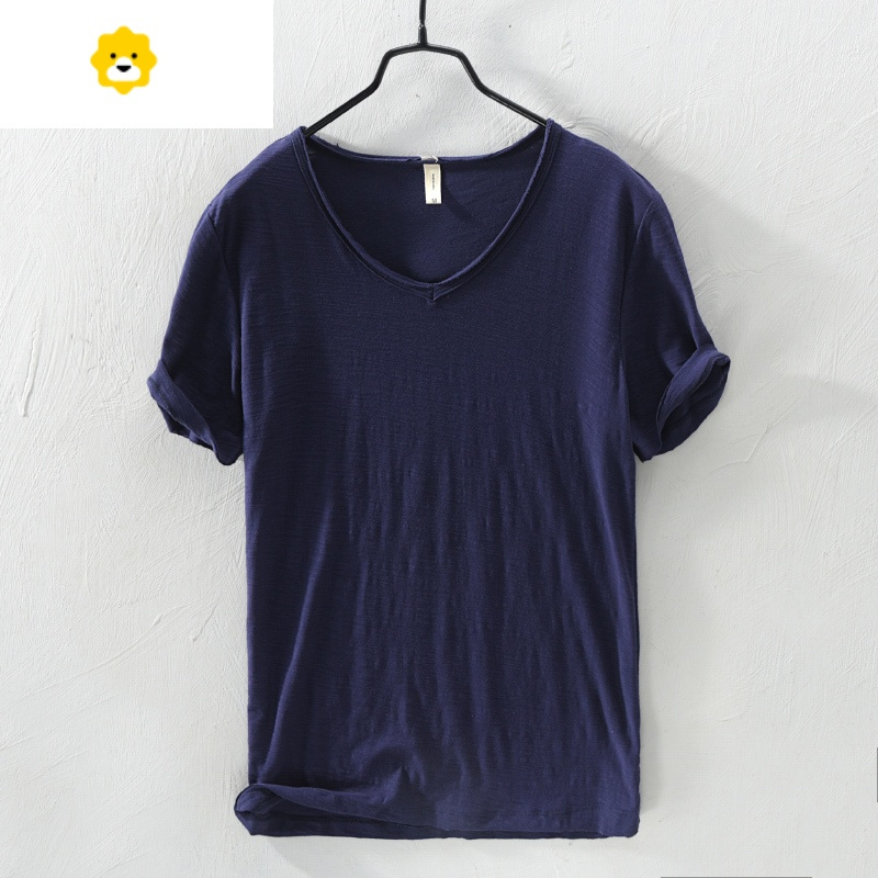 fishbasket做旧毛边v领短袖竹节棉t恤男士夏季休闲打底宽松体恤衫潮