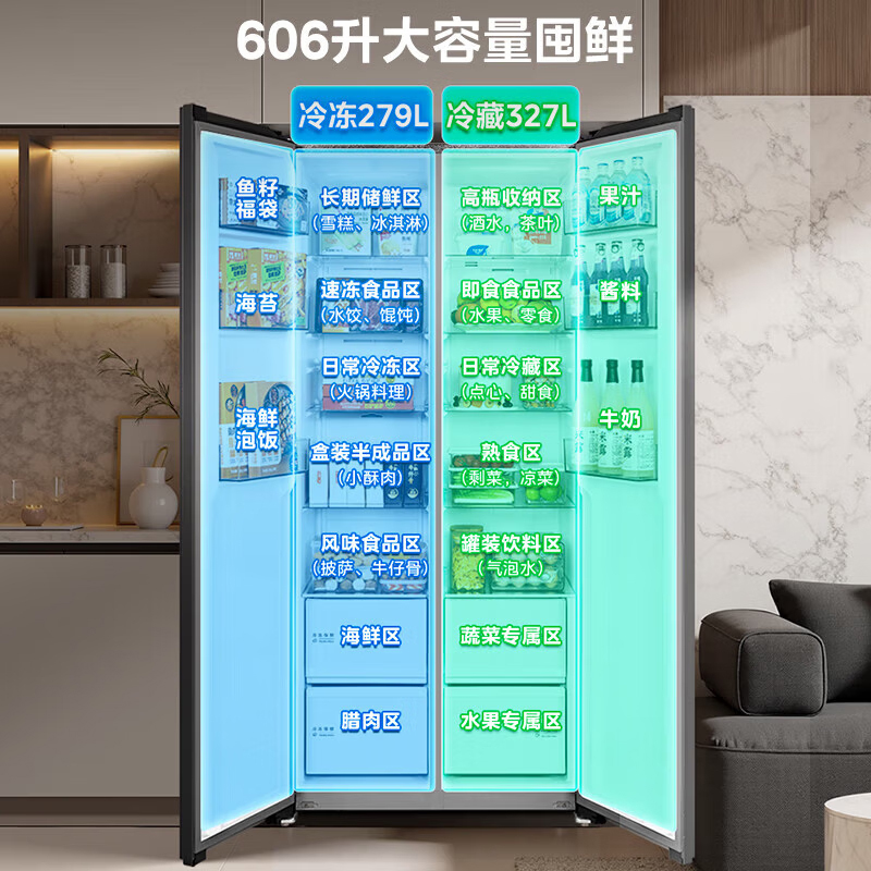 美的(Midea)606升双开门超大容量家用冰箱风冷无霜一级能效双变频节能大冷冻室双PT净味BCD-606WKPM(E)高清大图