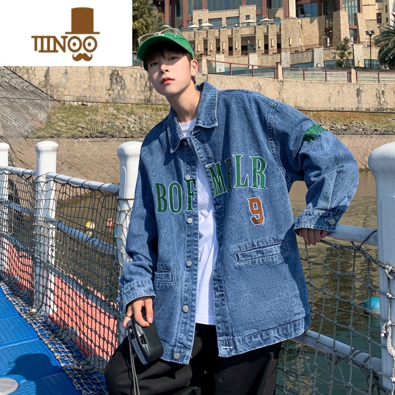 YANXU新款男生牛仔外套日系潮牌ins潮流痞帅宽松百搭翻领刺绣夹克高清大图