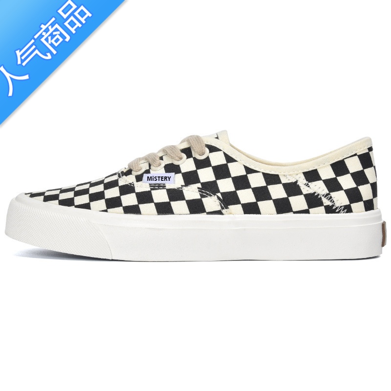 SUNTEK黑白棋盘格子鞋女2023夏季新款英伦风圆头平底帆布鞋复古黑季季布高清大图