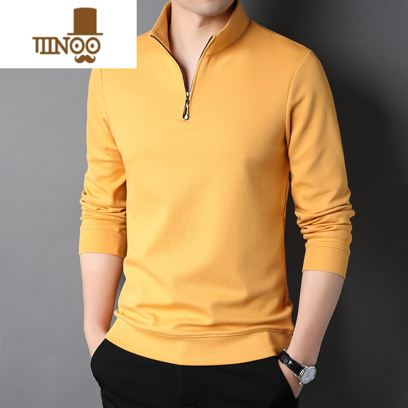 yanxu男士长袖t恤丝光棉立领打底polo衫加绒加厚半拉链卫衣男潮