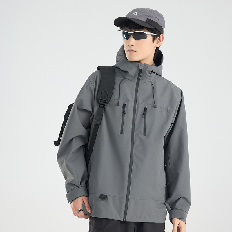 渔人船长春秋时尚户外薄款冲锋衣男女单层风衣连帽防风短款外套高清大图