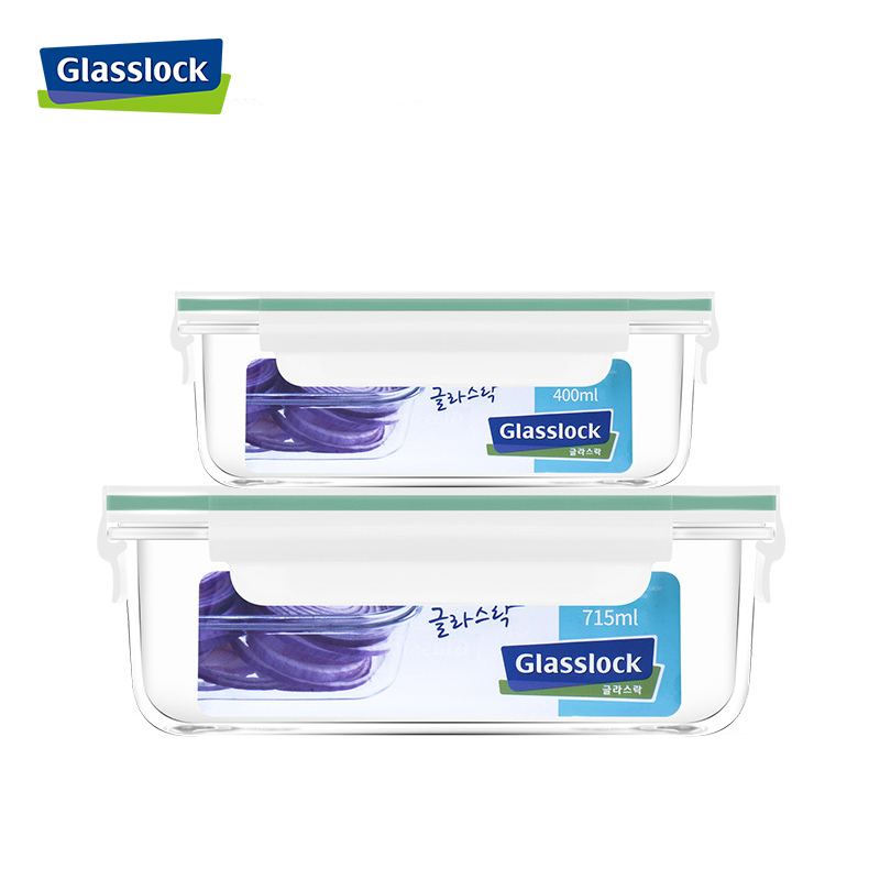 三光云彩（GLASSLOCK）耐热钢化玻璃保鲜便当饭盒带盖密封防漏套装上班族带饭便当包微波炉用两件套装700+400ml