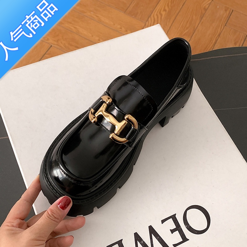 SUNTEK【柠檬家】矮个子增高厚底乐福鞋女单鞋漆皮一脚蹬金属小皮鞋高清大图