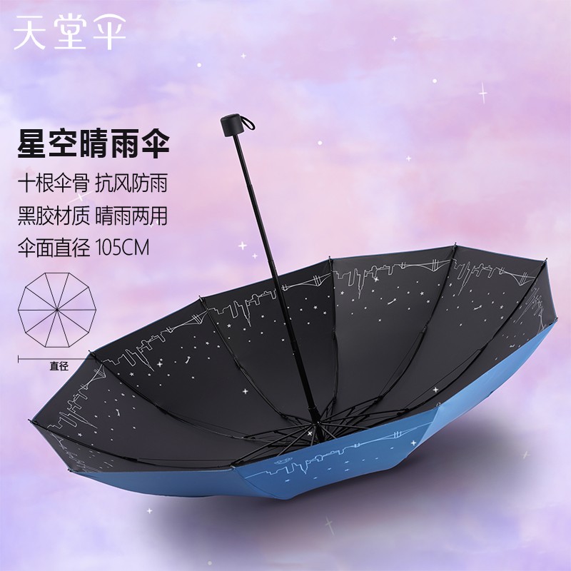 天堂伞 三折晴雨伞61cmX10骨加大加固抗风黑胶防晒男女两用商务伞双人大伞遮阳伞太阳伞 1283