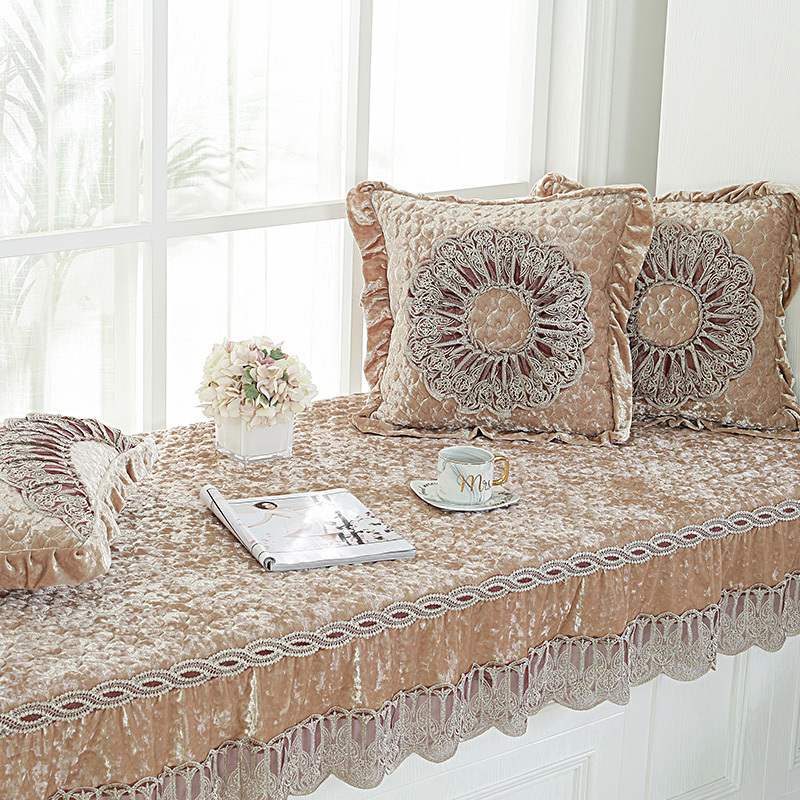 汐岩飘窗垫欧式窗台垫卧室落地飘窗垫四季通用阳台垫榻榻米垫飘窗装饰 驼色--虞美人(70宽+20裙摆)*180cm长