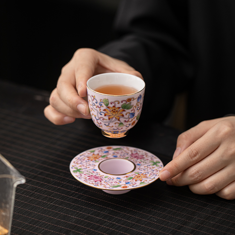 苏氏陶瓷(SUSHI CERAMICS)珐琅彩宫廷风陶瓷个人茶杯茶托礼盒伴手礼(粉)高清大图