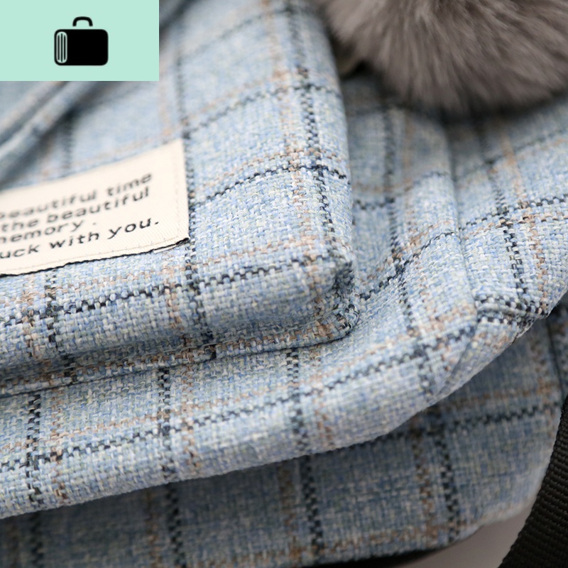 NR时尚棉麻格子双肩包女2019新款书包女韩版高中生大容量双肩背包NEWLAKE 复古蓝+挂件毛球