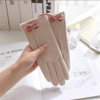 南极人手套女士秋冬加绒加厚保暖骑行防寒开车可爱触屏棉手套冬天防风H 米色1593