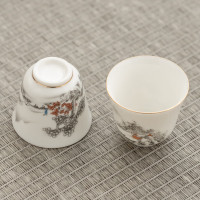 金镶玉功夫茶具套装茶壶茶杯陶羊脂玉白瓷整套家用礼品盒 描金山间流水