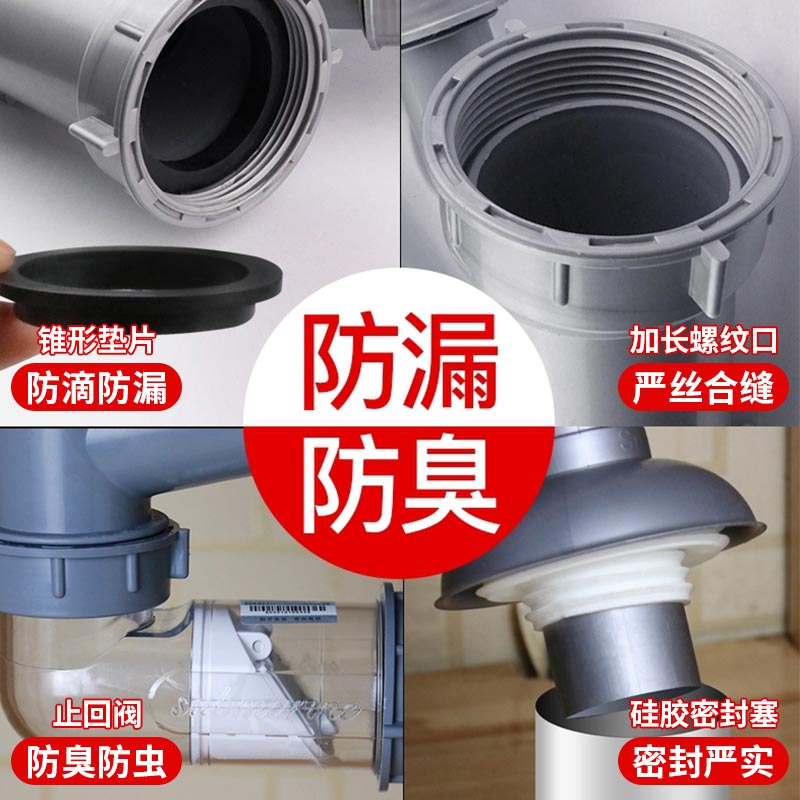 潜水艇菜盆下水管防臭厨房单双槽防堵排水管配件提笼提篮下水器套装洗碗池下水道下水管靠墙省空间排水快高清大图