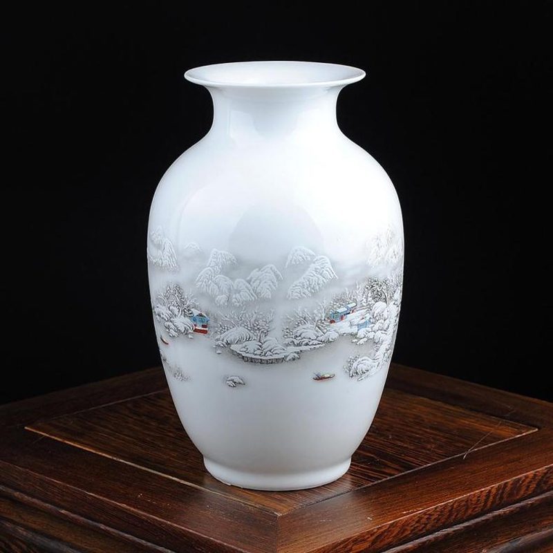 景德镇陶瓷器 雪景花瓶 现代时尚家饰工艺品摆件 客厅摆设底座