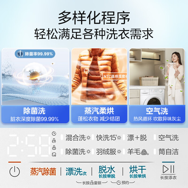 [官方正品]美的滚筒洗衣机全自动家用10KG大容量洗烘一体机 变频电机十年防变黄蒸汽除菌 MD100V11FPRO