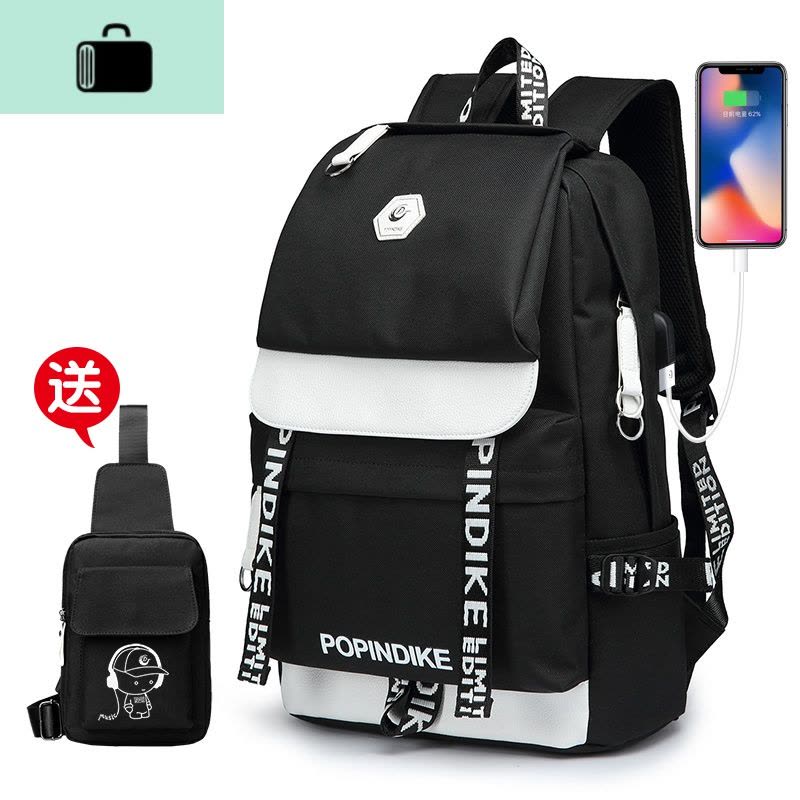 男士双肩包韩版原宿ulzzang大学生背包男时尚潮流ins初中学生书包NEW LAKE 黑配白小号图片