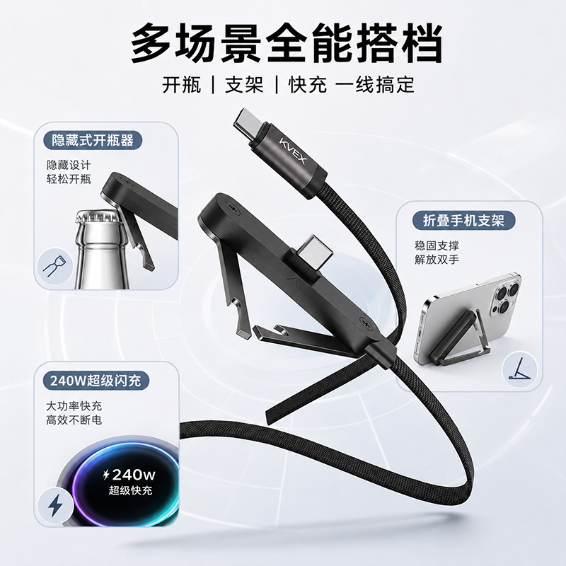 克维杰 100W硅胶数据线/27W编织数据线/66W3合一编织数据线轴系列 KV-CC10H ||高清大图