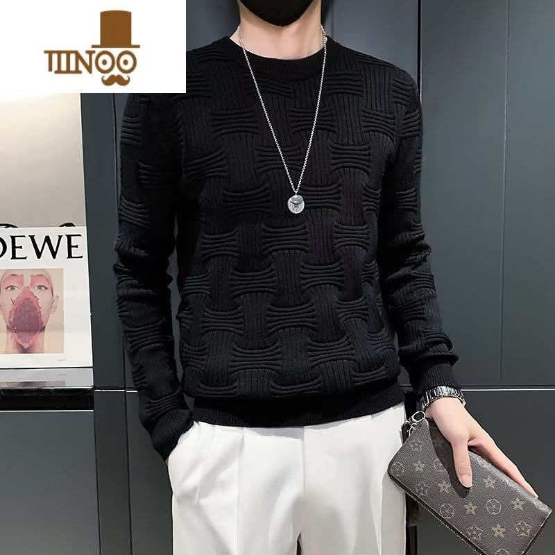 YANXU感纯色圆领毛衣男韩版百搭针织衫冬季新款潮流帅气休闲线衣图片