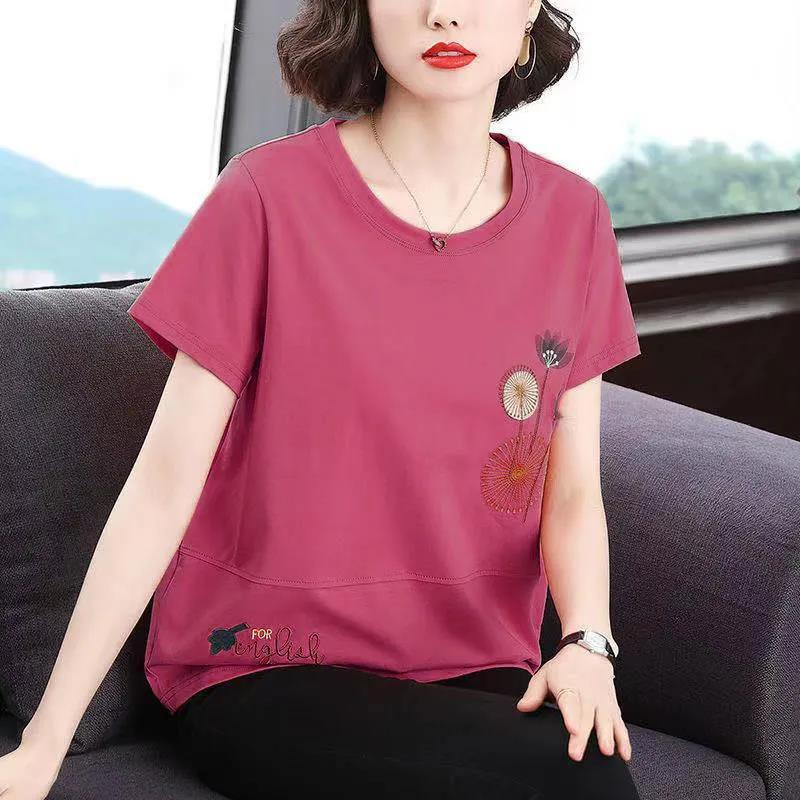 棉质短袖t恤女圆领绣花2022新款潮春夏韩版宽松妈妈外穿遮肚上衣威珺