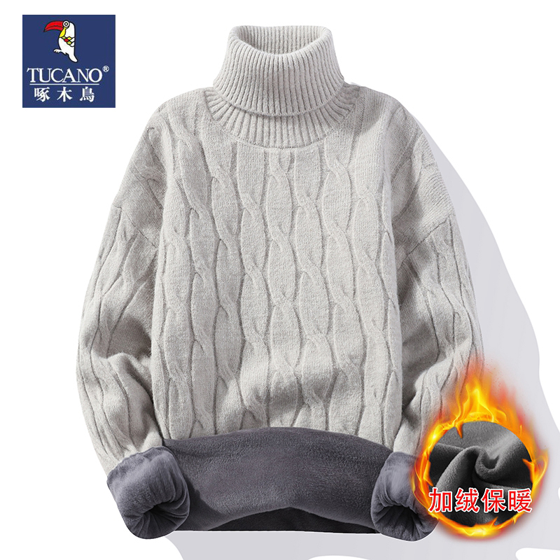 啄木鸟高领毛衣男冬季加绒加厚纯色羊毛衫服保暖打底针织衫男羊衣高清大图