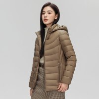 90白鸭绒新国标女式简约纯色连帽可拆卸轻薄羽绒服女_1 6XL 摩卡色