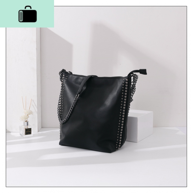 包包女2020新款时尚百搭大容量托特包ins洋气铆钉潮流单肩斜挎包NEW LAKE 黑色(两条带子)送礼品袋女士单肩包