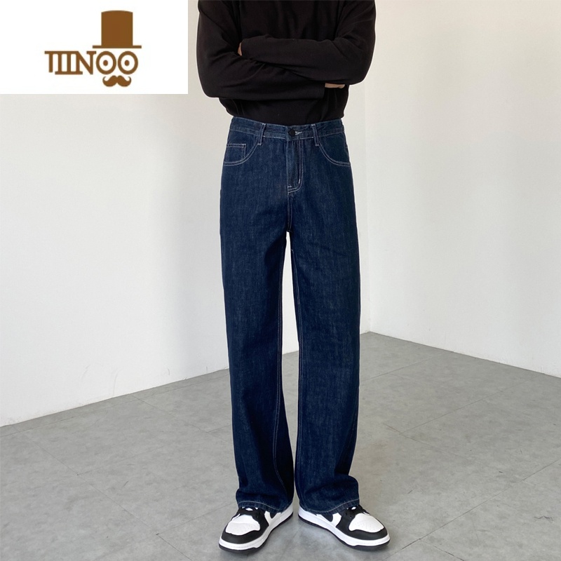 YANXU丹宁深蓝色阔腿牛仔裤男直筒宽松水洗垂感休闲裤子坠感高腰长裤潮高清大图