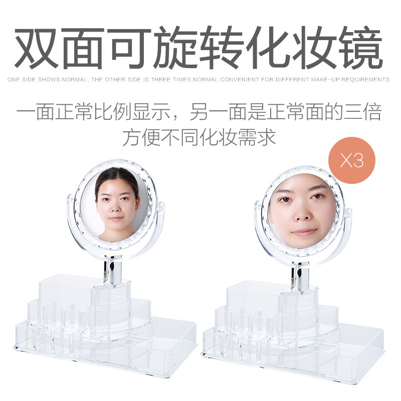 透明化妆品收纳盒梳妆台桌面护肤品置物架带镜子口红整理盒