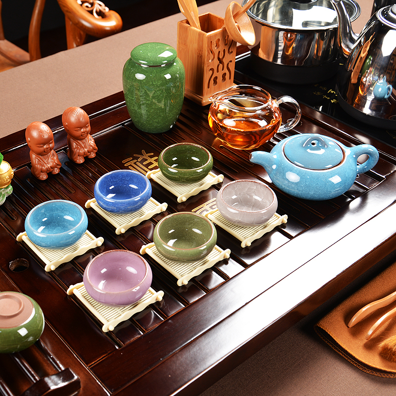 尚帝(shangdi)整套茶具冰裂套装陶瓷功夫茶具开片茶壶实木茶盘四合一 杯架祥云多彩冰裂玻璃套装