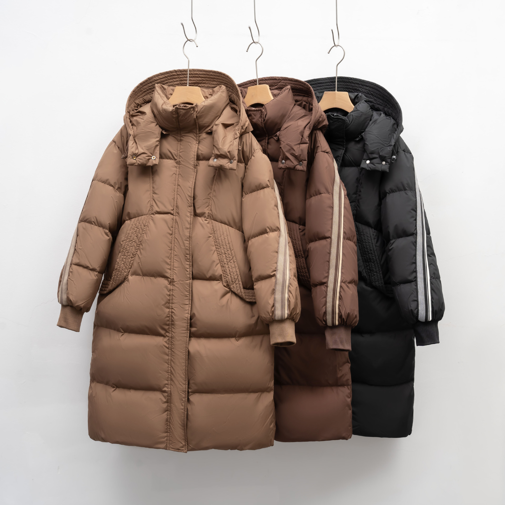 羽绒服女冬季新款时尚韩版中长款咖色复古白鸭绒外套连帽加厚高清大图