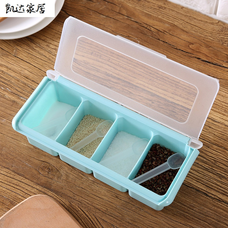 家用创意厨房调料盒调味罐翻盖调味瓶塑料套装味精盐盒四格式带勺生活电器厨房工具厨房小工具/调料器皿 精选特买
