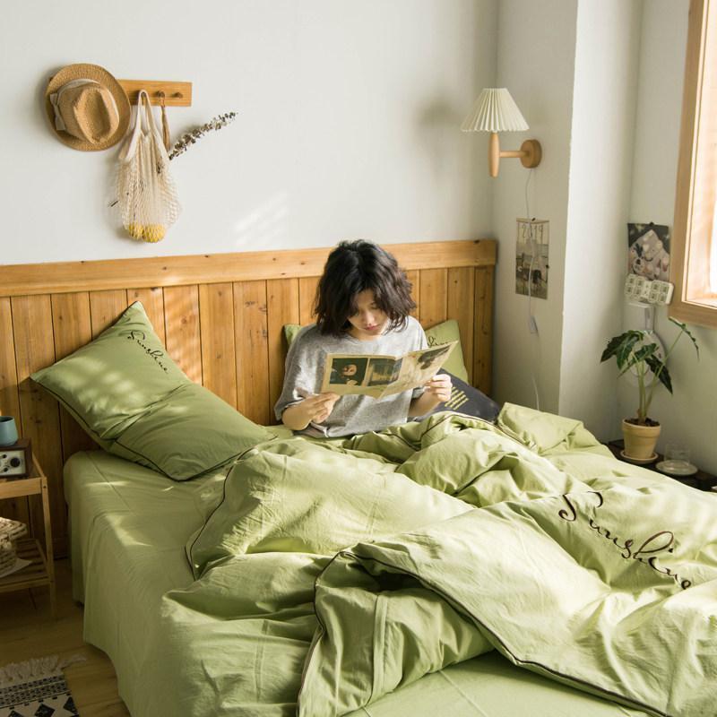 美帮汇北欧式床上四件套水洗全棉全棉被套床单床笠小香风学生宿舍三件套 尔米-暮光(果绿) 1.8床-适合被子尺寸(200*230)四件套;床单款