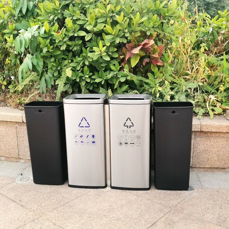 GNF两分类不锈钢垃圾桶(30L*2)无盖直投大号商用果皮桶酒店商场地铁办公室影城走廊过道双分类垃圾桶高清大图