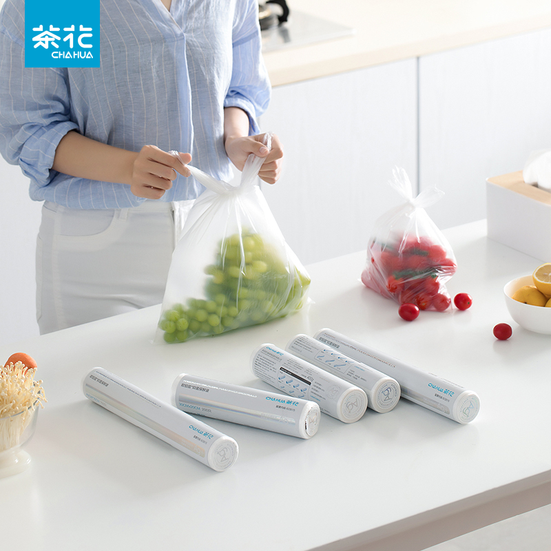 茶花一次性保鲜袋家用经济装食物蔬菜水果pe食品袋冰箱冷冻密封袋[加大号400只]40cm*30cm*4卷