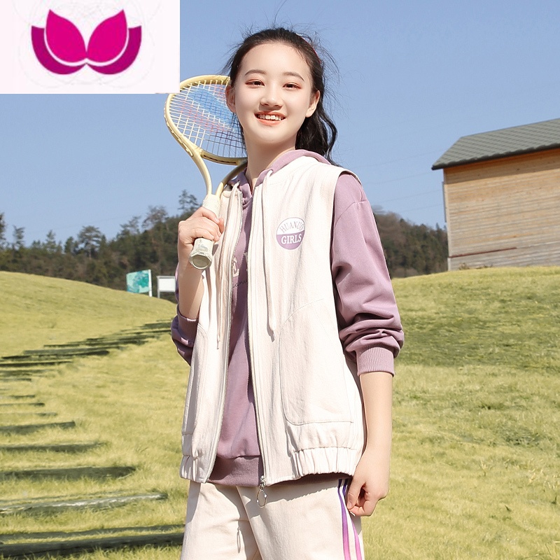 七斓初中学生套装春装少女学院风宽松休闲韩版青少年运动高中生套 紫色卫衣+米色马甲 S