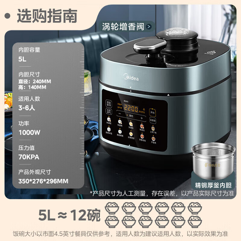 美的电压力锅0涂层钢胆电高压锅5L双胆家用煲汤煮饭电饭煲自动排气 5升双胆自动排气 MY-C552N高清大图