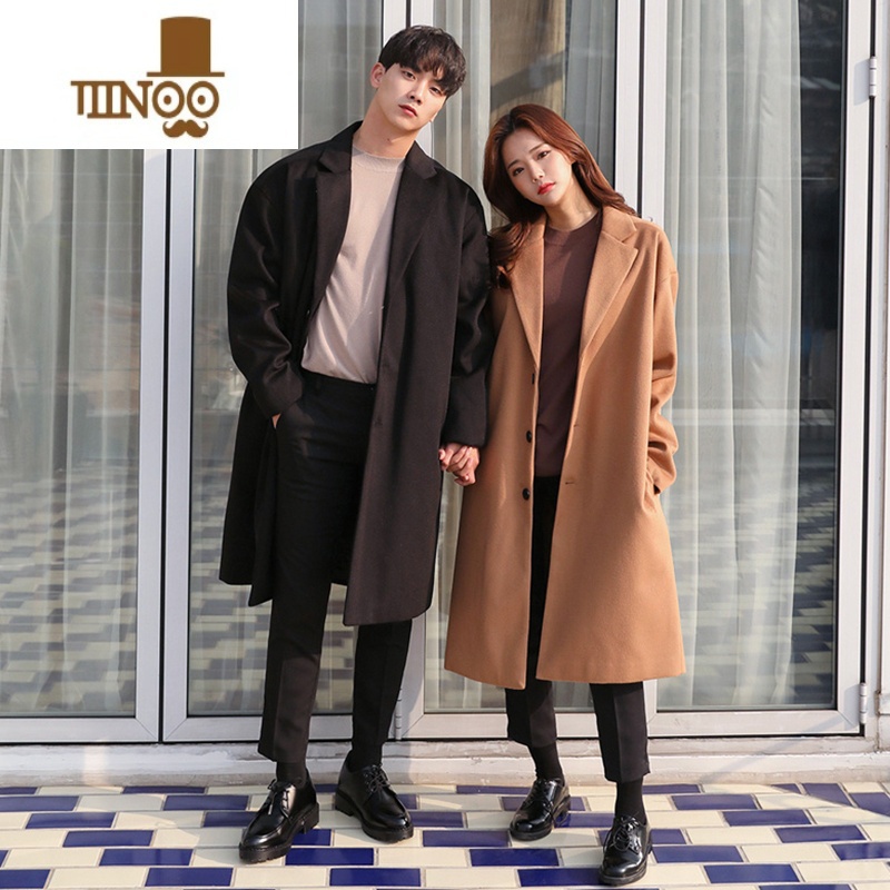 YANXU春季呢大衣男中长款风衣韩版宽松情侣装毛呢外套男款加厚潮高清大图