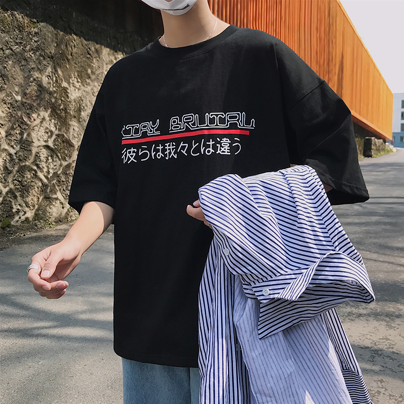 港风复古原创潮牌日系字母印花休闲圆领短袖T恤男女tee情侣夏上衣